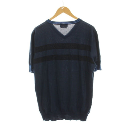 Hermes Summer Knit Sweater Top V-neck Border Short Sleeve XL Navy YM — view 2