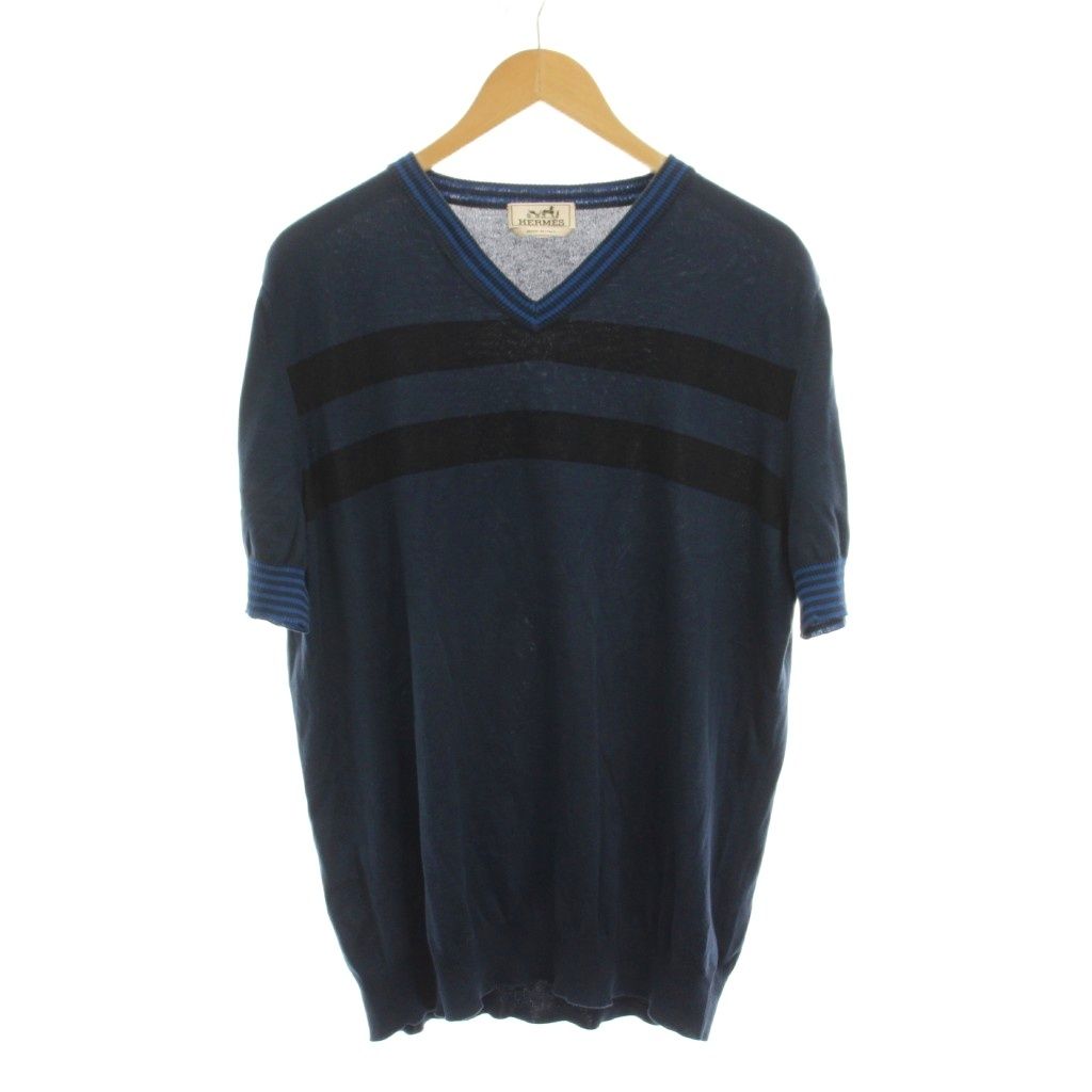 Hermes Summer Knit Sweater Top V-neck Border Short Sleeve XL Navy YM