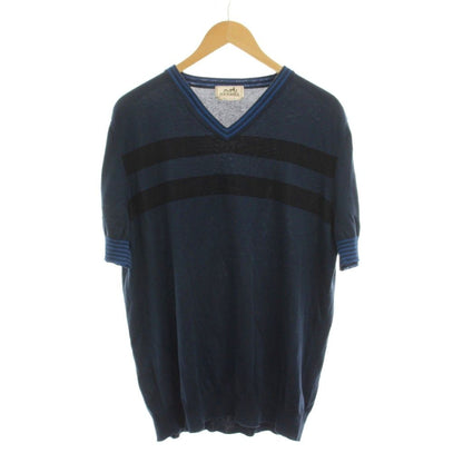 Hermes Summer Knit Sweater Top V-neck Border Short Sleeve XL Navy YM