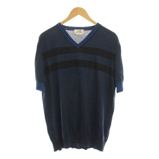 Hermes Summer Knit Sweater Top V-neck Border Short Sleeve XL Navy YM