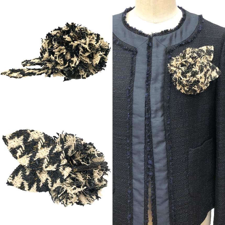 Chanel Camellia Corsage Brooch Tweed Black Ivory — view 2