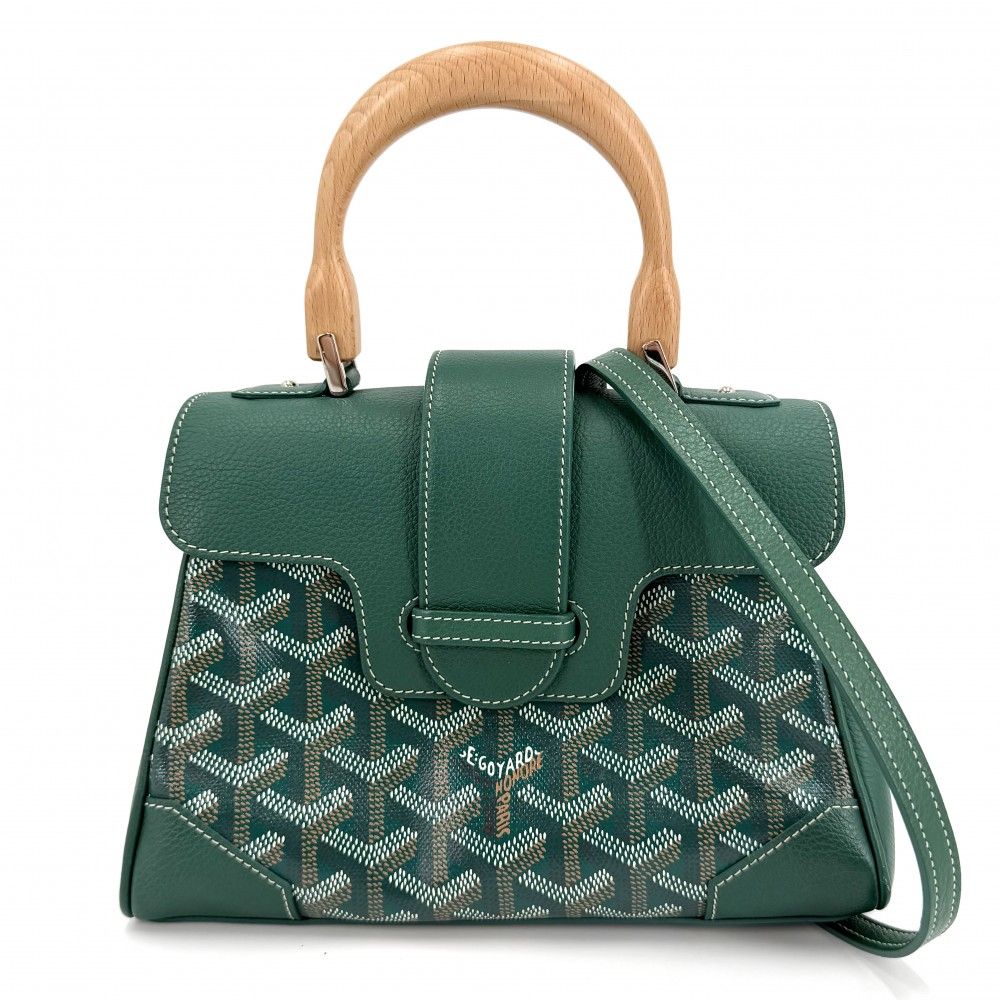 Goyard 2-Way Saigon Mini Shoulder Bag Crossbody Herringbone Leather Green Silver