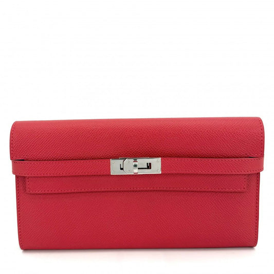 Hermes Wallet Kelly Flap Veau Epsom Red Silver