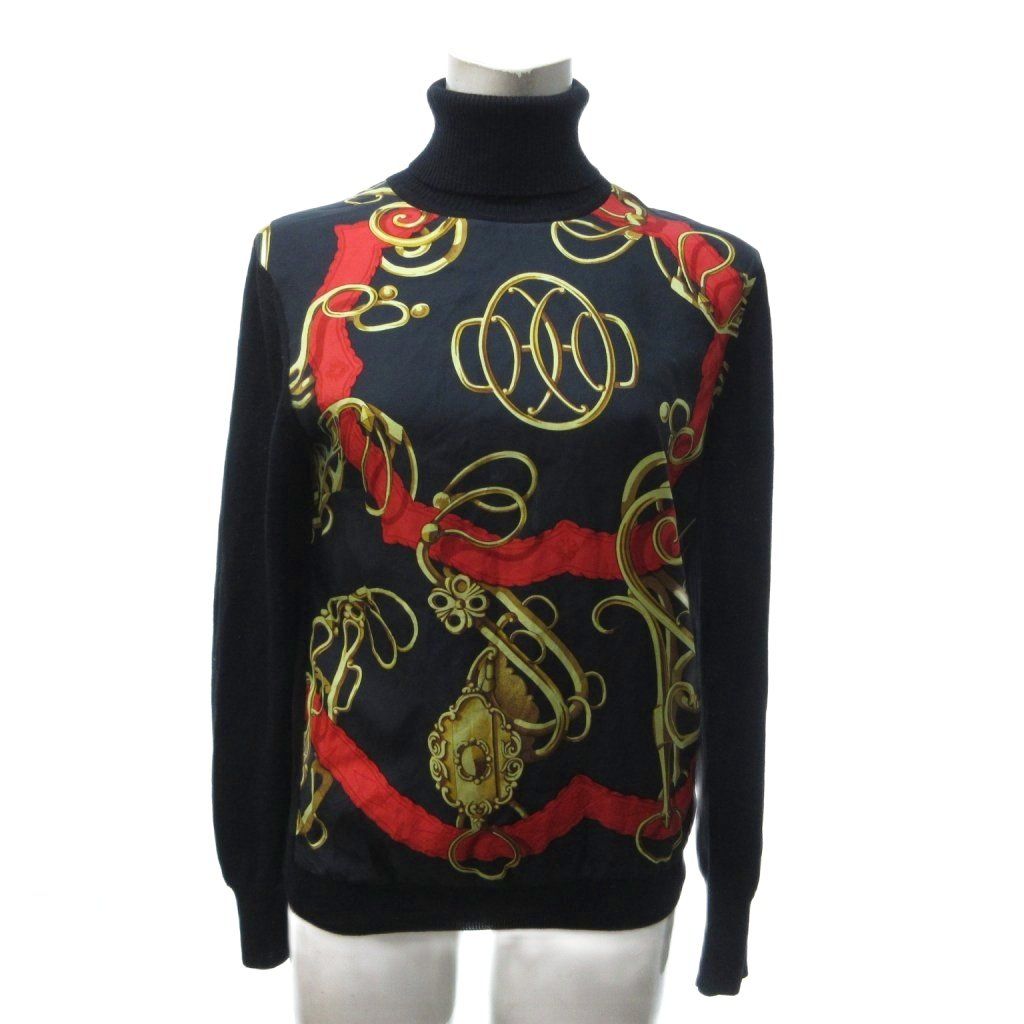 Hermes Twill Lane Knit Contrast Turtleneck Silk Wool Chain Print Black 38 HW