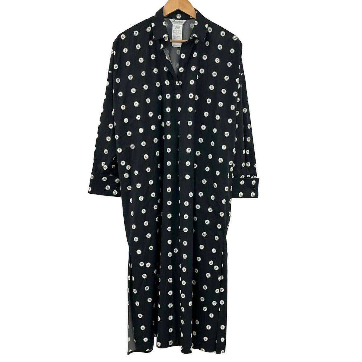 Max Mara Dress 42 M Black White Open Collar Long Sleeve Maxi Length Shirt
