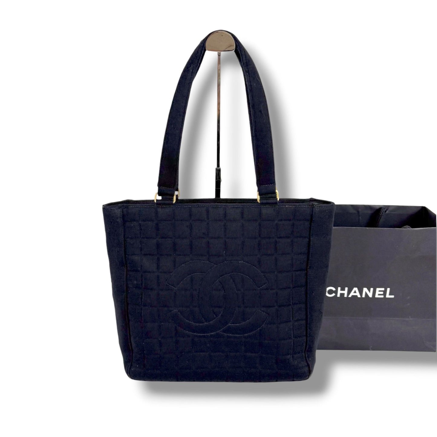 Chanel Choco Bar CC Logo Mini Tote Cotton Canvas Black Shoulder