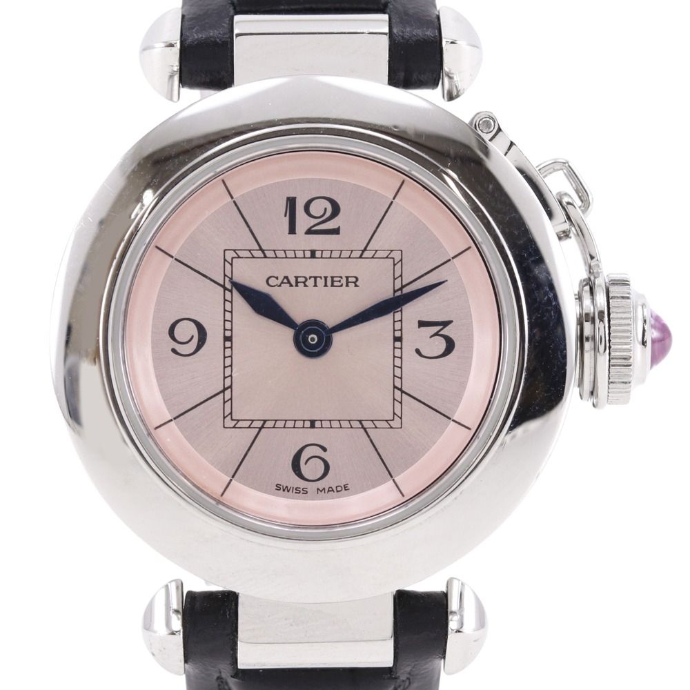 Cartier Mistakepasha Stainless Steel Leather Kuo Analog Display Pink Dial Watch