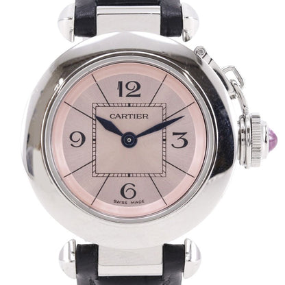 Cartier Mistakepasha Stainless Steel Leather Kuo Analog Display Pink Dial Watch
