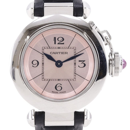 Cartier Mistakepasha Stainless Steel Leather Kuo Analog Display Pink Dial Watch