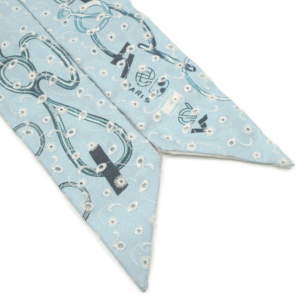 Hermes Dore Book le Broderie Anne Gray Blue White Twill Scarf — view 3