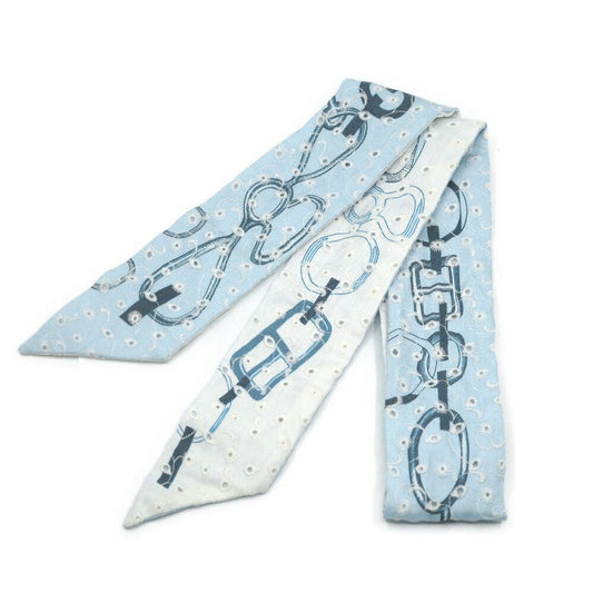 Hermes Dore Book le Broderie Anne Gray Blue White Twill Scarf