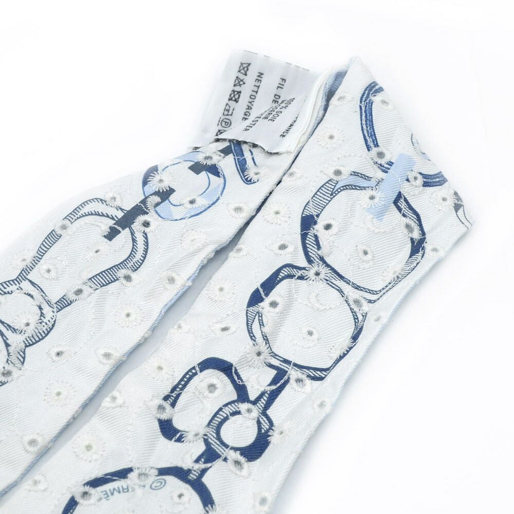 Hermes Dore Book le Broderie Anne Gray Blue White Twill Scarf — view 8