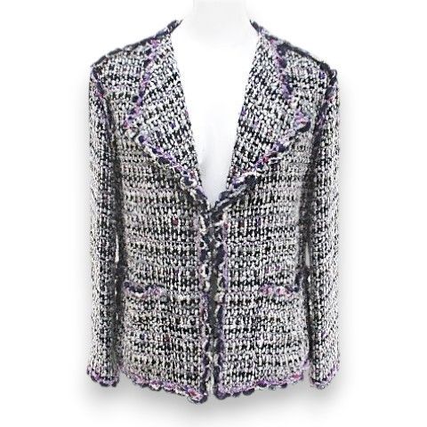Chanel Tweed Jacket CC Mark CC Logo Silk 34 Purple Hook Hair Lining