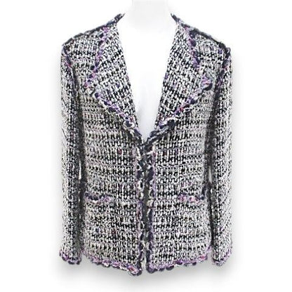 Chanel Tweed Jacket CC Mark CC Logo Silk 34 Purple Hook Hair Lining