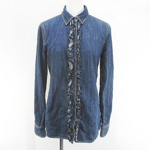 Gucci Long Sleeve Denim Shirt Dungari Blouse 40 Navy Ruffles