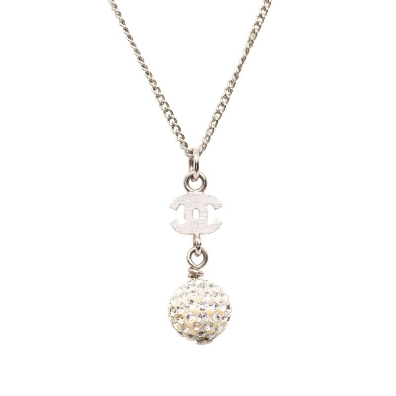 Chanel CC Logo Rhinestone Ball Motif Necklace Silver Metal — view 3