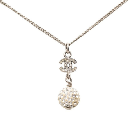 Chanel CC Logo Rhinestone Ball Motif Necklace Silver Metal