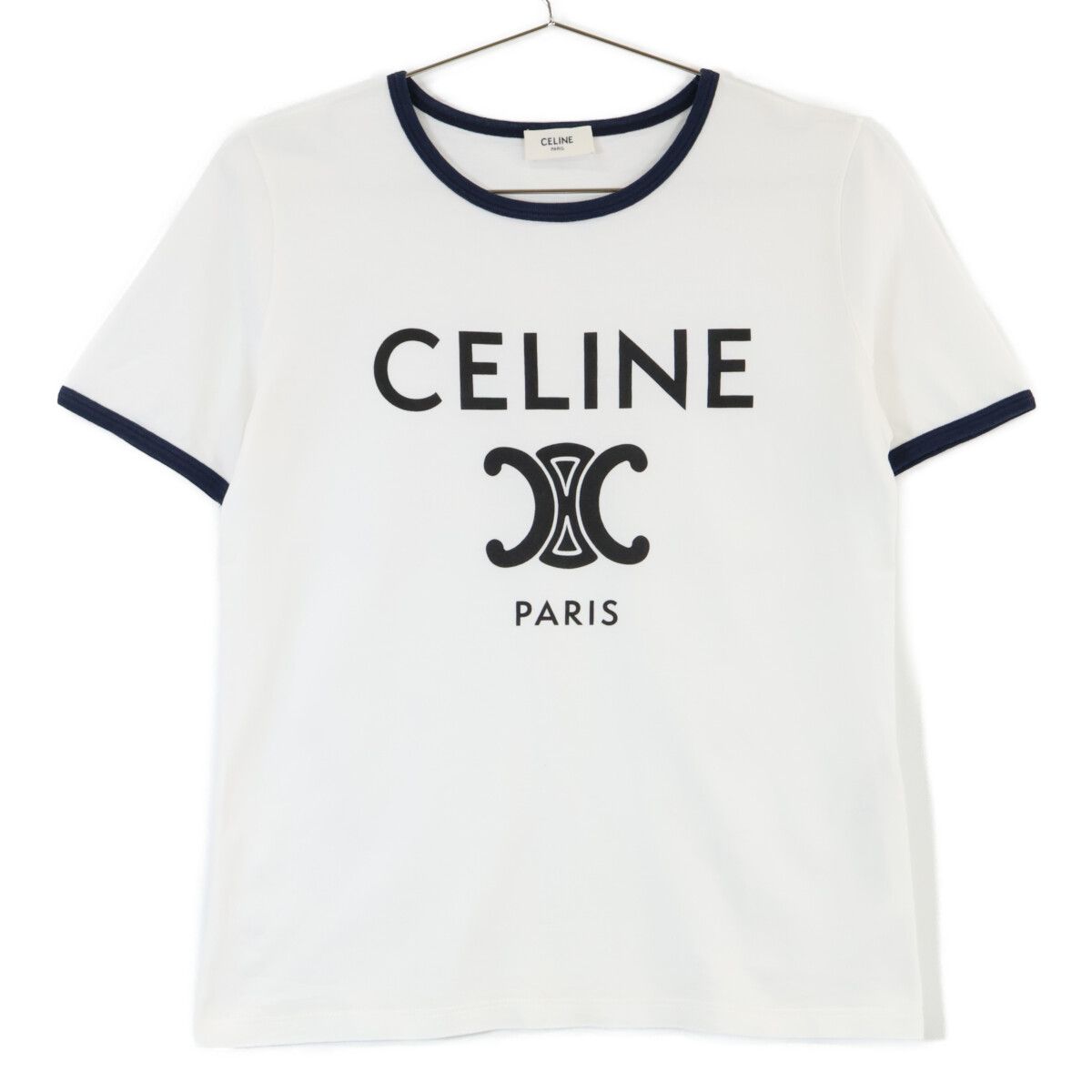 Celine Off White Black Navy Cotton Triomphe Print Paris T-Shirt XS