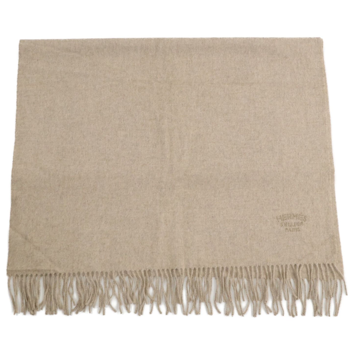 Hermes Logo Embroidery Cashmere Fringe Scarf