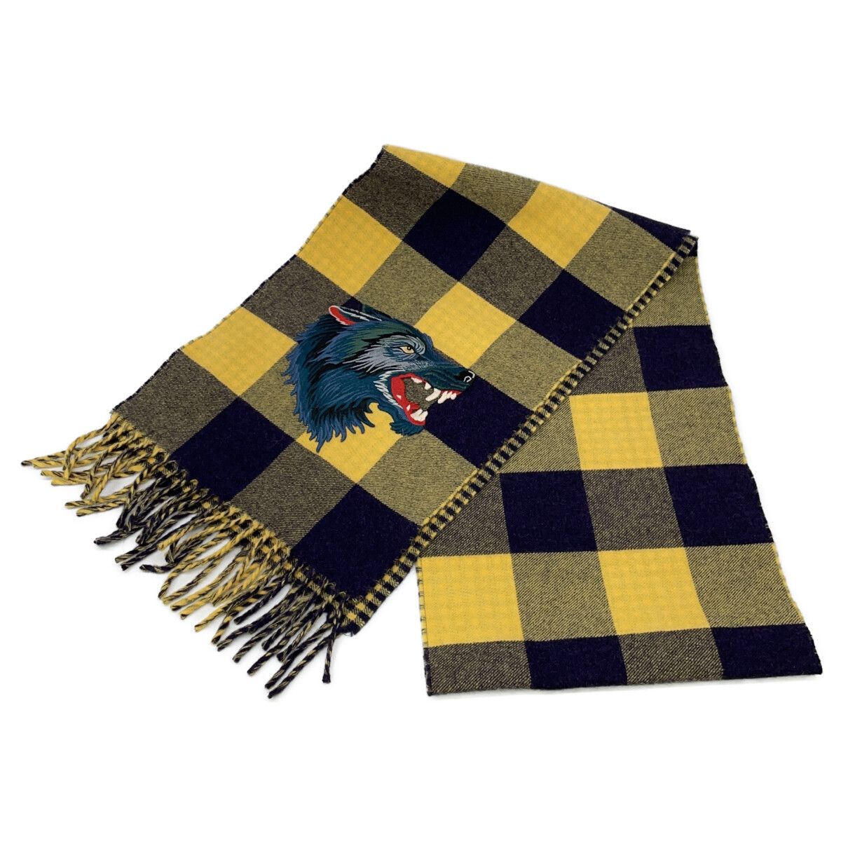 Gucci Check Wolf Embroidery Fringe Scarf