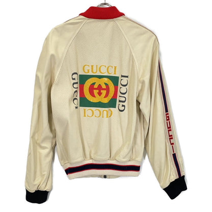 Gucci Beige Lambskin Back Logo Perforated Leather Jacket Bomber 44 — view 2