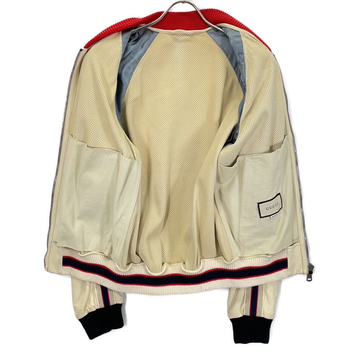 Gucci Beige Lambskin Back Logo Perforated Leather Jacket Bomber 44 — view 3