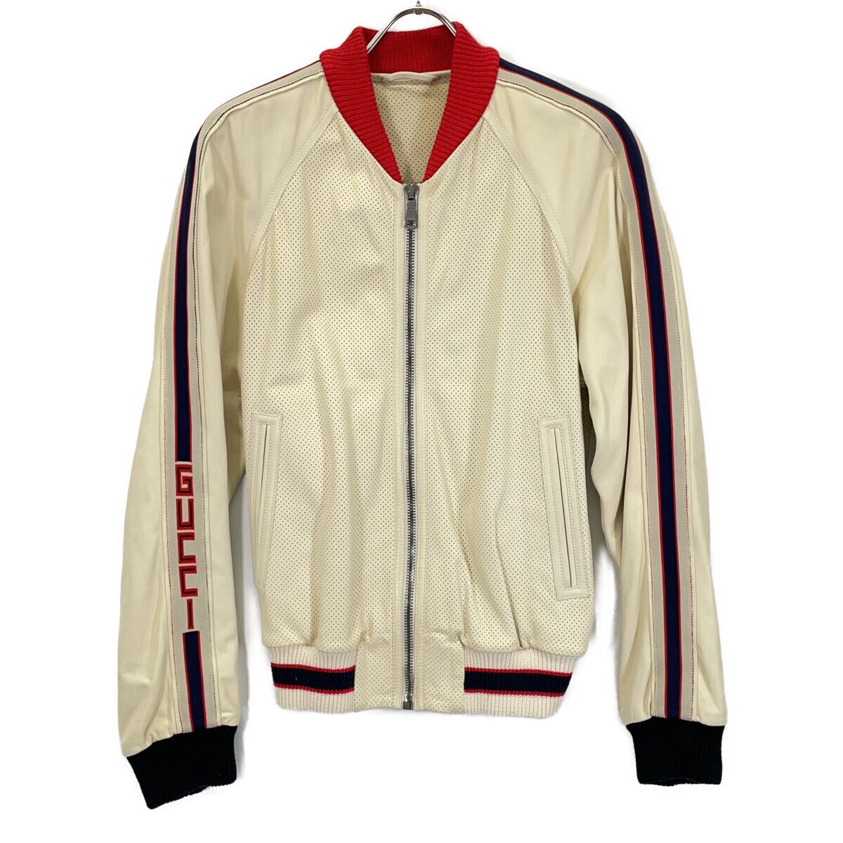 Gucci Beige Lambskin Back Logo Perforated Leather Jacket Bomber 44