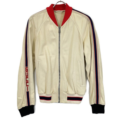 Gucci Beige Lambskin Back Logo Perforated Leather Jacket Bomber 44