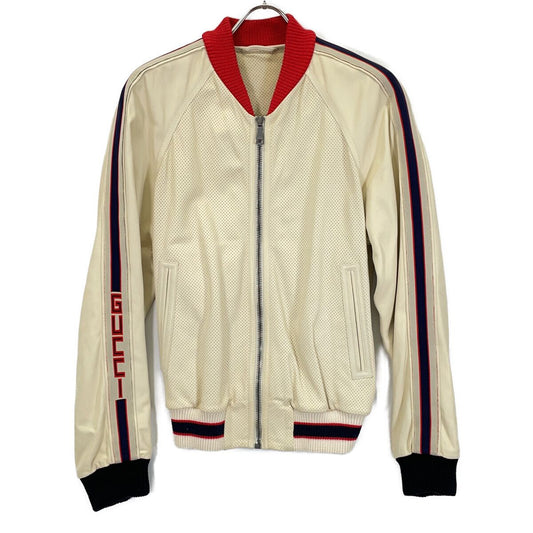 Gucci Beige Lambskin Back Logo Perforated Leather Jacket Bomber 44