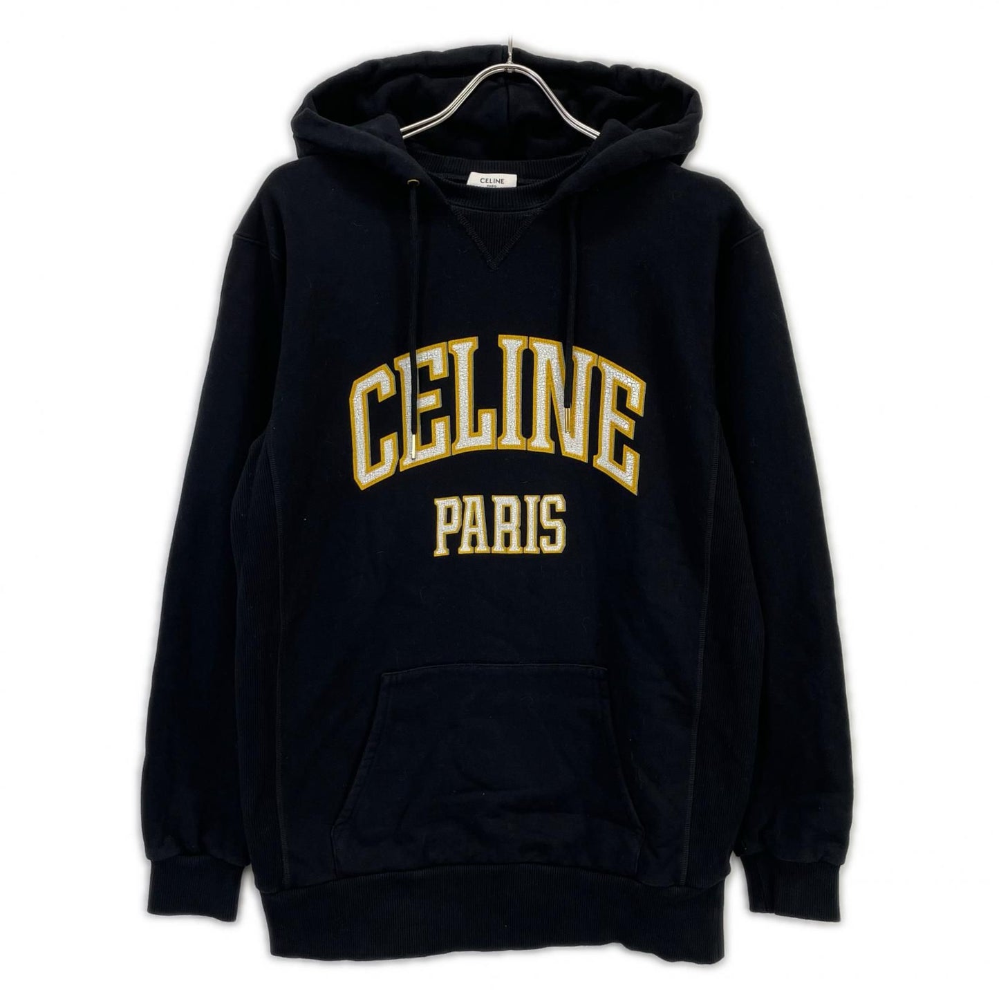 Celine Black Yellow Cotton Front Logo Oversize Pullover Hoodie Sweatshirt XS