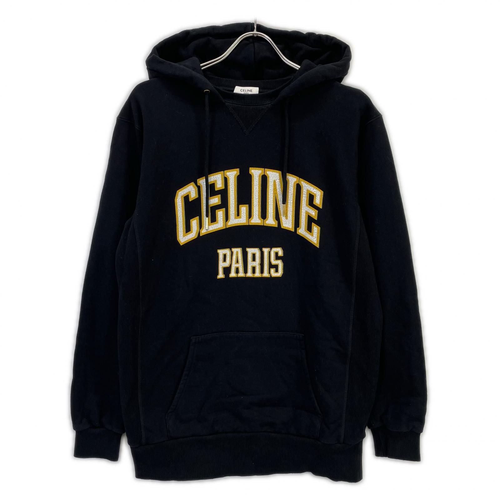 Celine Black Yellow Cotton Front Logo Oversize Pullover Hoodie Sweatshirt XS