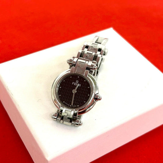 Fendi Orologi FF Logo Stainless Steel Quartz Watch Silver Black