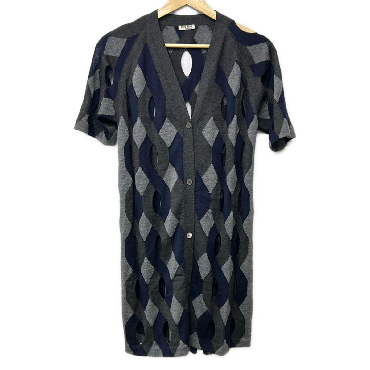 Miu Miu Cardigan 42 M Dark Gray Dark Navy Light Short Sleeve See Through Long