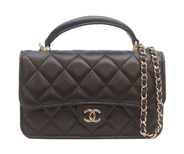 Chanel Black Lamb Gold Top Handle Chain Clutch