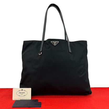 Prada Triangle Logo Tessuto Nylon Leather Tote Business Black