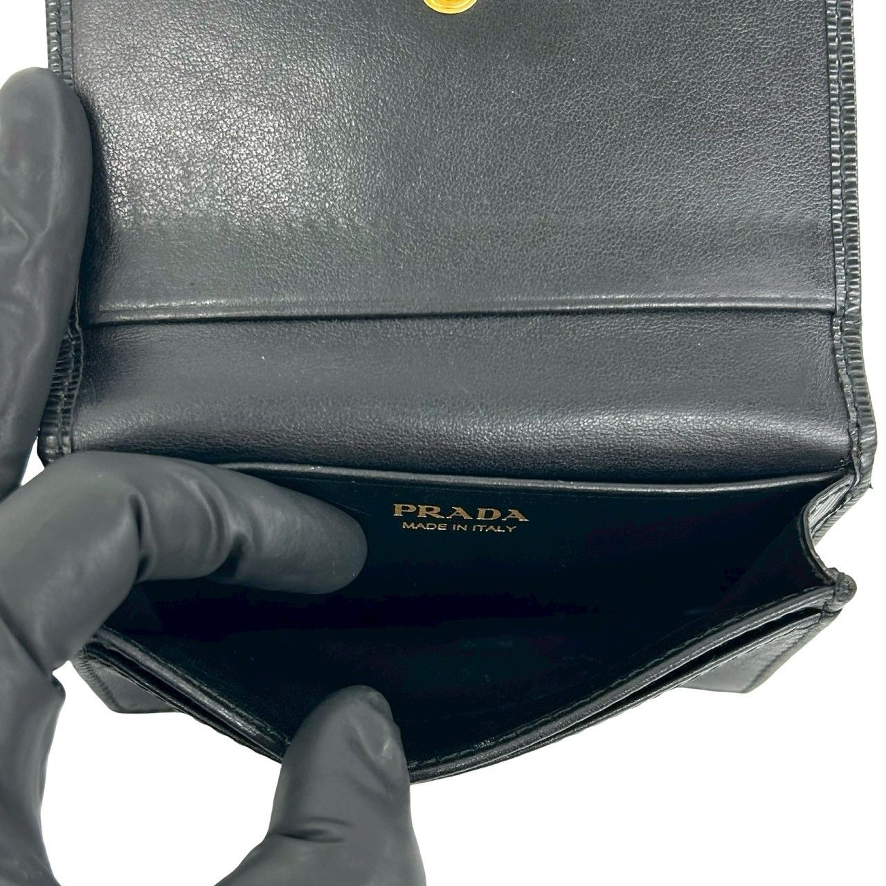 Prada Logo Gold Leather Card Case Business Holder Wallet Coin Purse Black — view 8