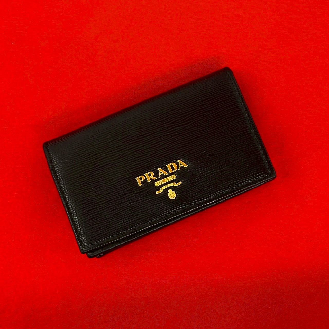 Prada Logo Gold Leather Card Case Business Holder Wallet Coin Purse Black