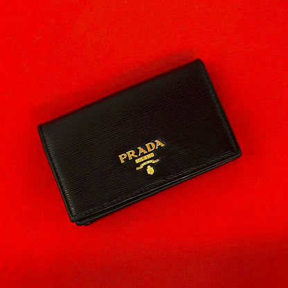 Prada Logo Gold Leather Card Case Business Holder Wallet Coin Purse Black