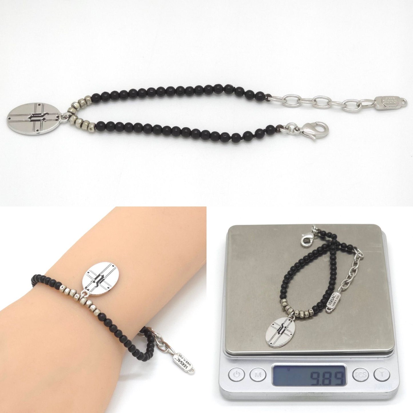 Versace Oval Plate Beads Bracelet 18.2 22 cm Greca Cross Black Color Silver — view 6