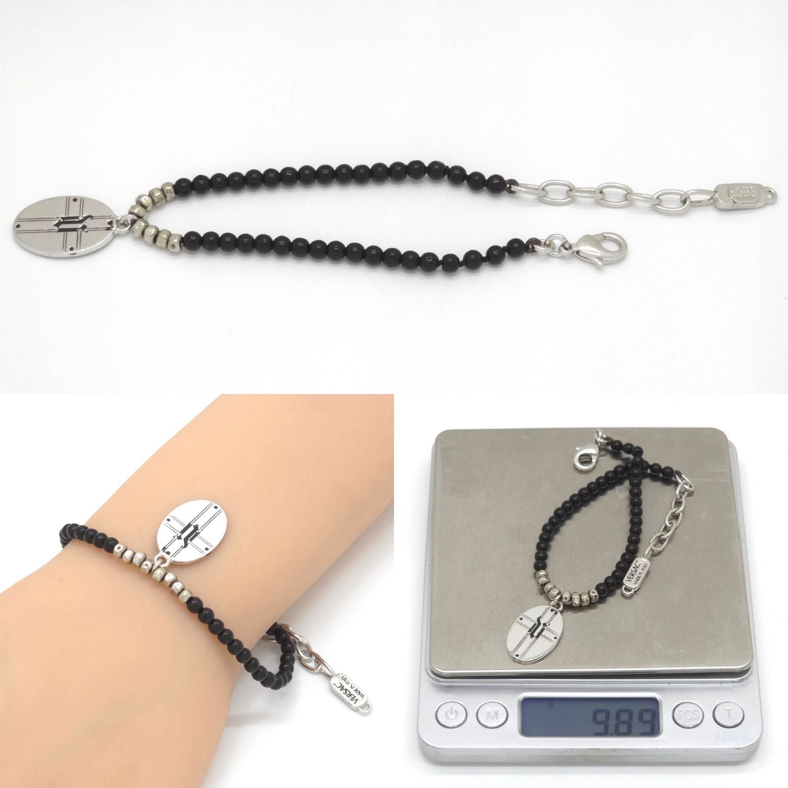 Versace Oval Plate Beads Bracelet 18.2 22 cm Greca Cross Black Color Silver — view 6