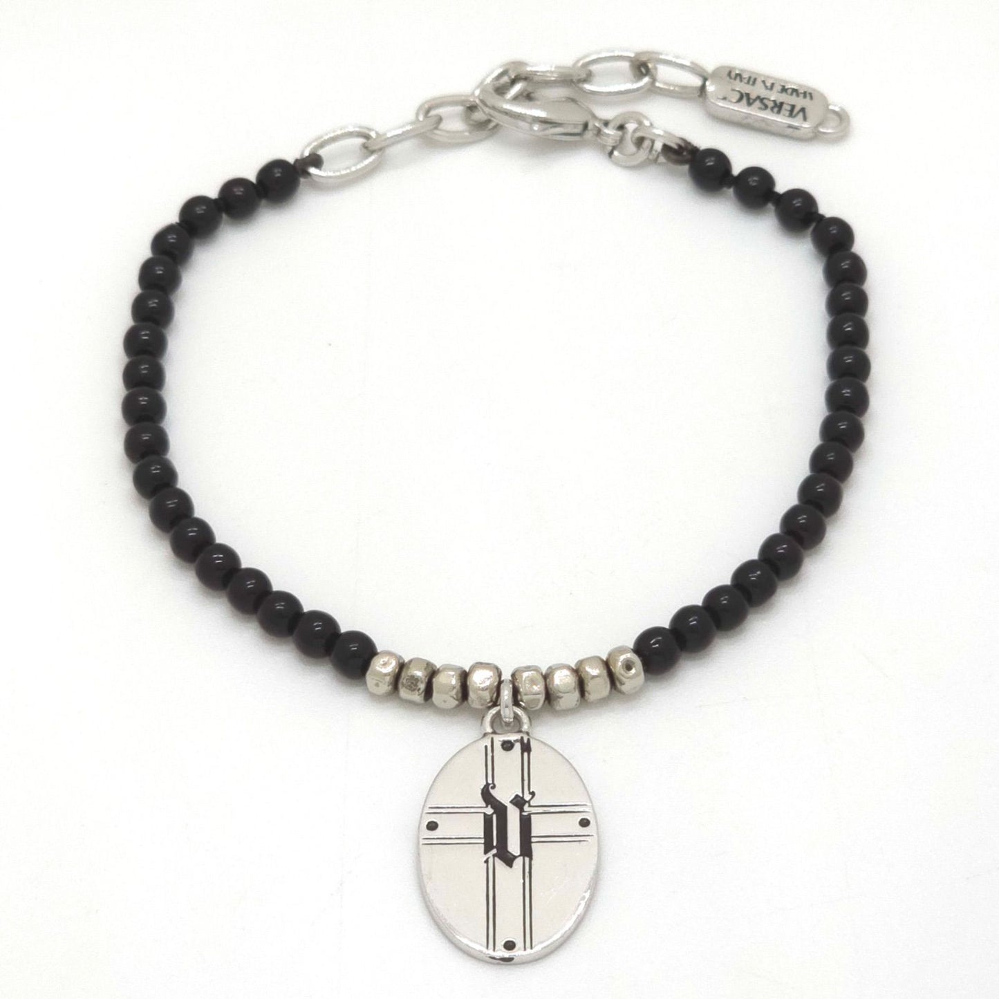 Versace Oval Plate Beads Bracelet 18.2 22 cm Greca Cross Black Color Silver