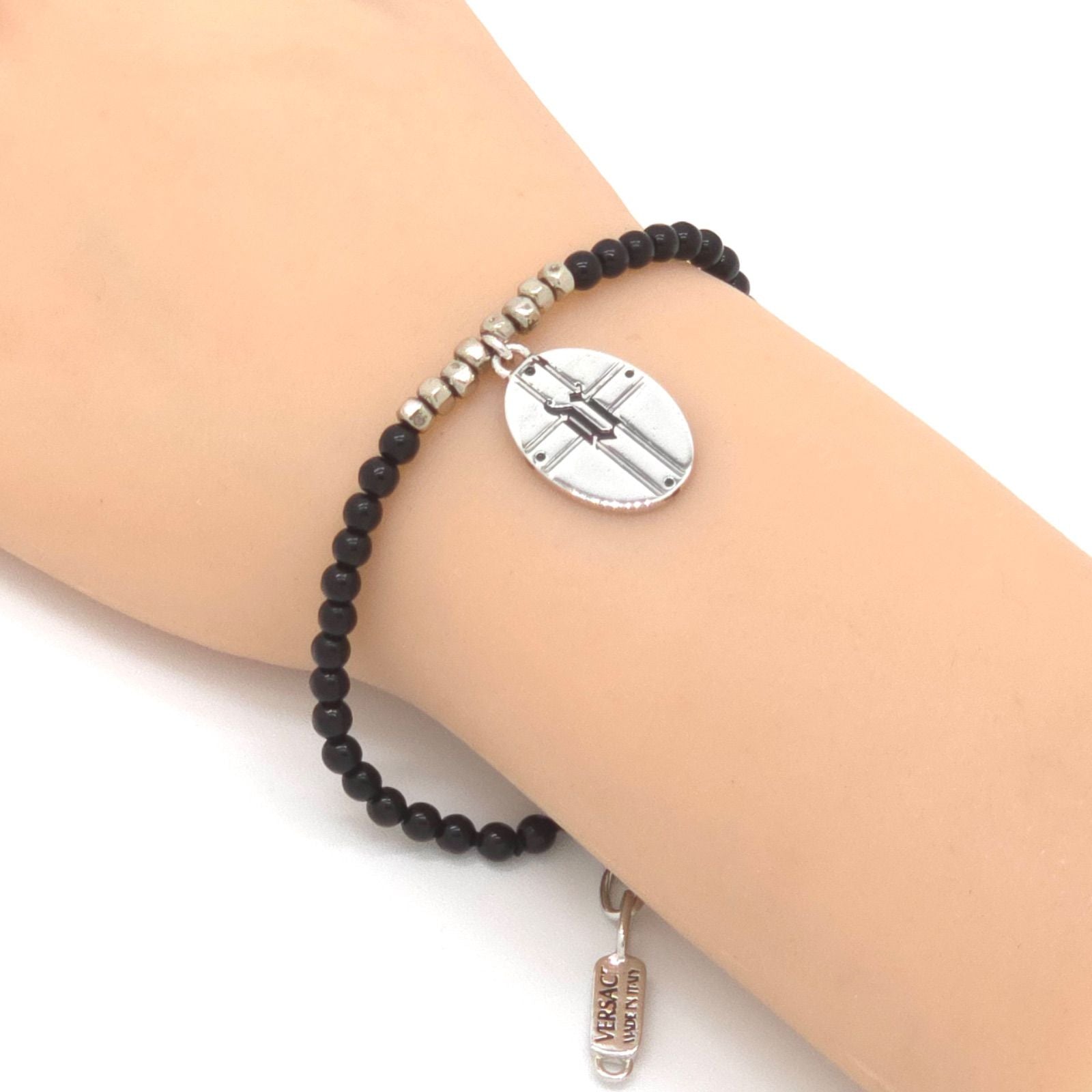 Versace Oval Plate Beads Bracelet 18.2 22 cm Greca Cross Black Color Silver — view 2