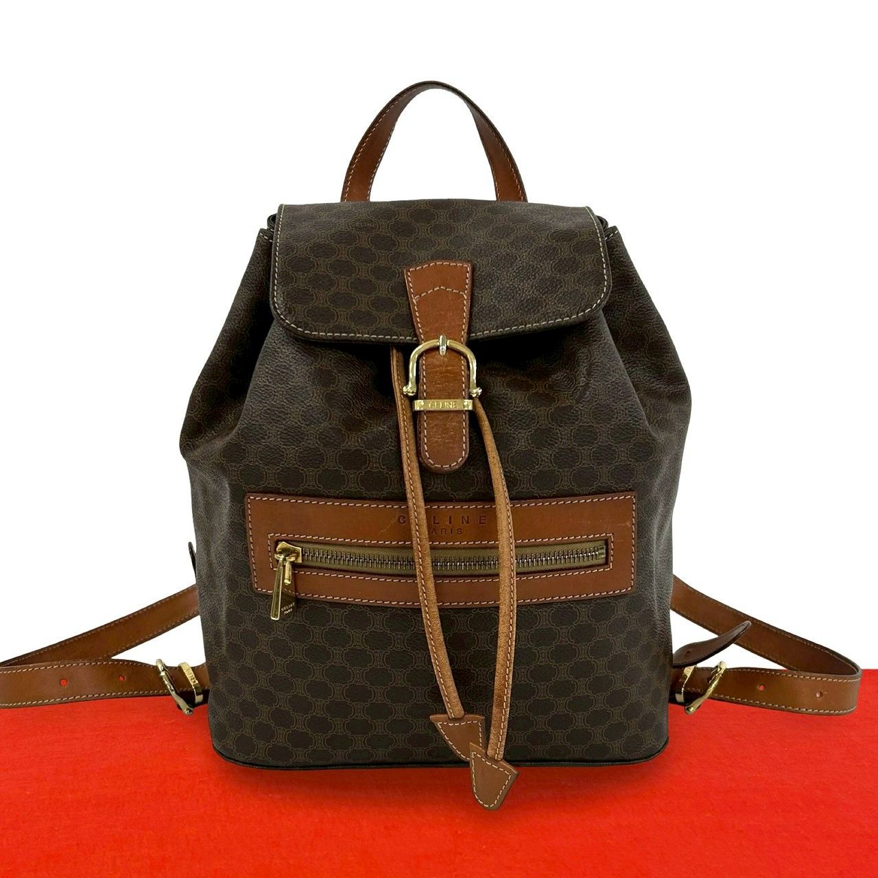 Celine Vintage Macadam Blason Pattern Leather Backpack Brown