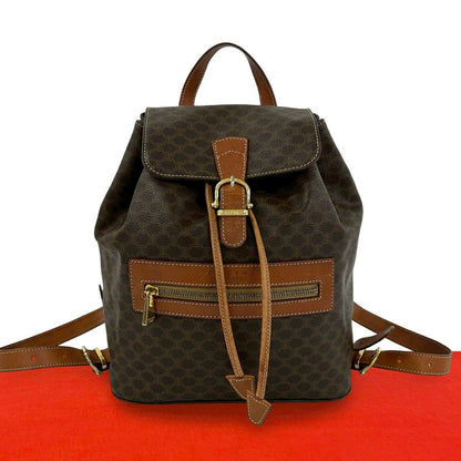 Celine Vintage Macadam Blason Pattern Leather Backpack Brown