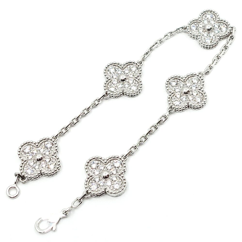 Van Cleef & Arpels 18k White Gold Vintage Alhambra Bracelet Diamond 5 Motif — view 8