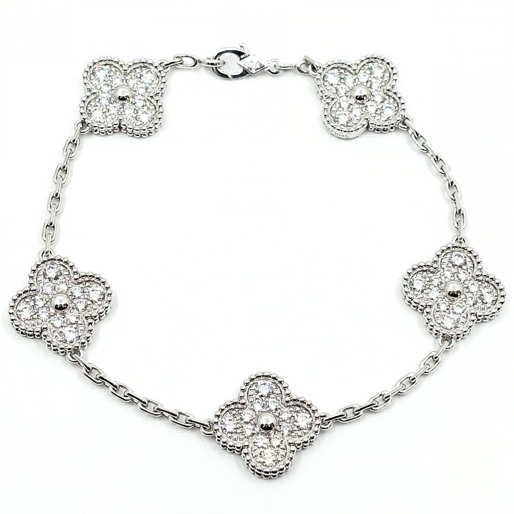 Van Cleef & Arpels 18k White Gold Vintage Alhambra Bracelet Diamond 5 Motif