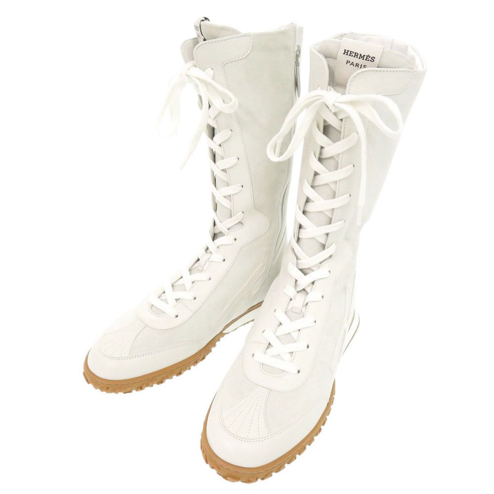 Hermes Lace Up 38 Vaubera Nappa White Sneakers High Cut Boots