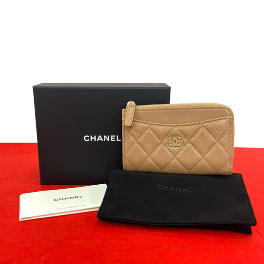 Chanel Fragment Case Quilted CC Logo Caviar Leather Coin Beige Handbag