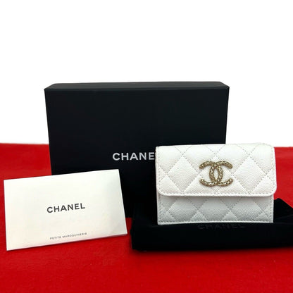Chanel Box and Seal Quilted CC Logo Caviar Leather Trifold Wallet Mini White