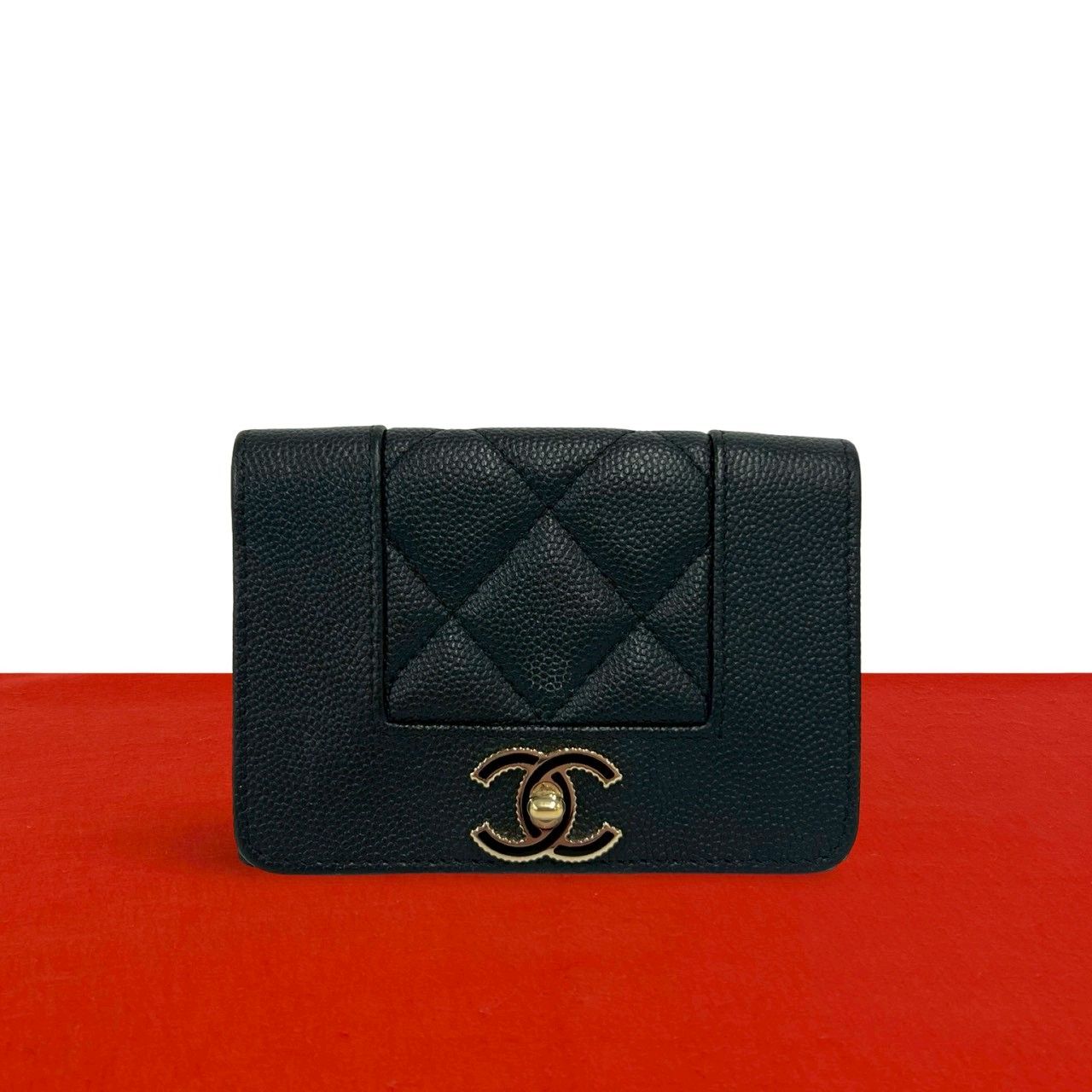 Chanel Mademoiselle CC Logo Caviar Leather Trifold Wallet Mini Black